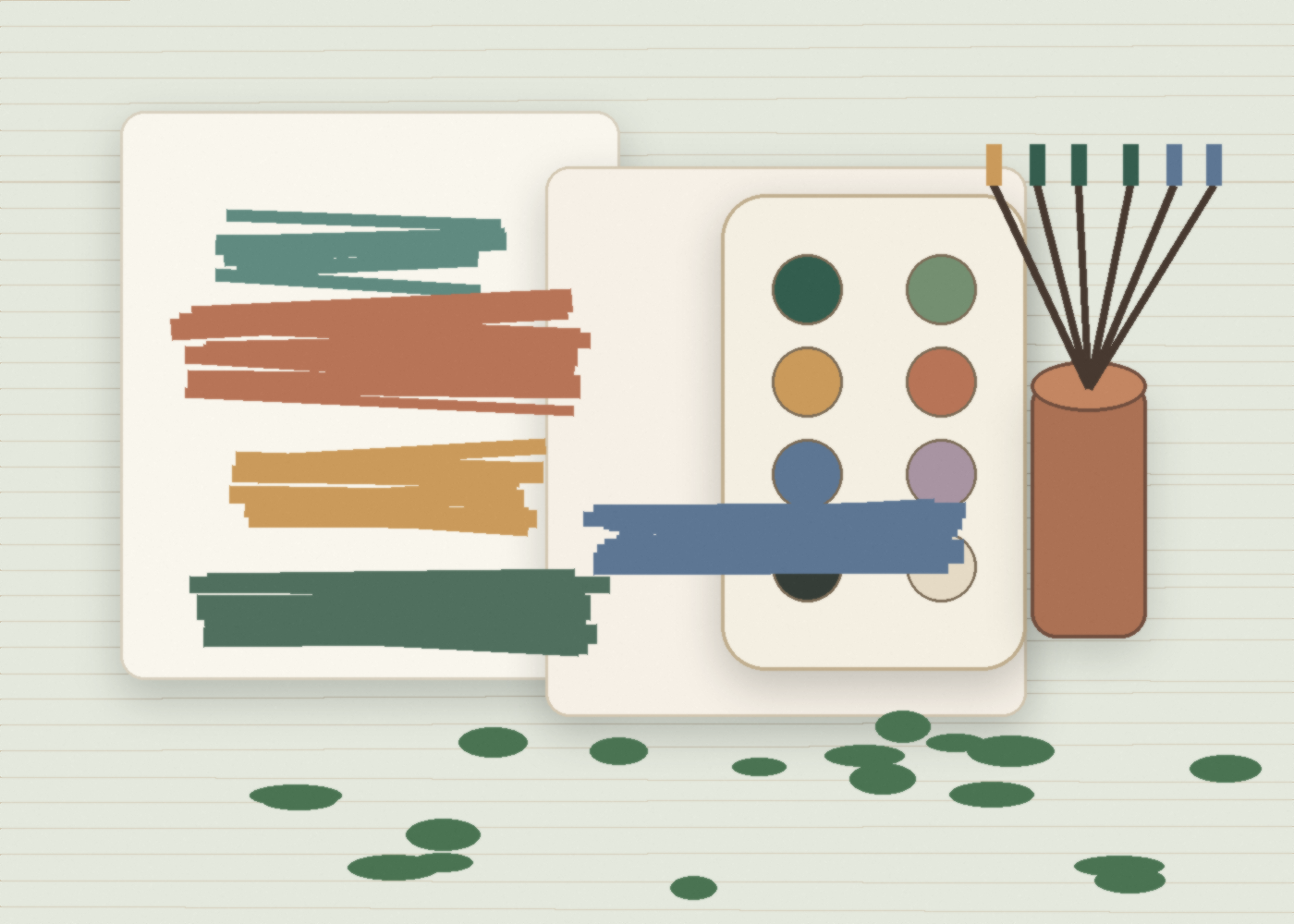 Illustration of art therapy materials arranged on a table.