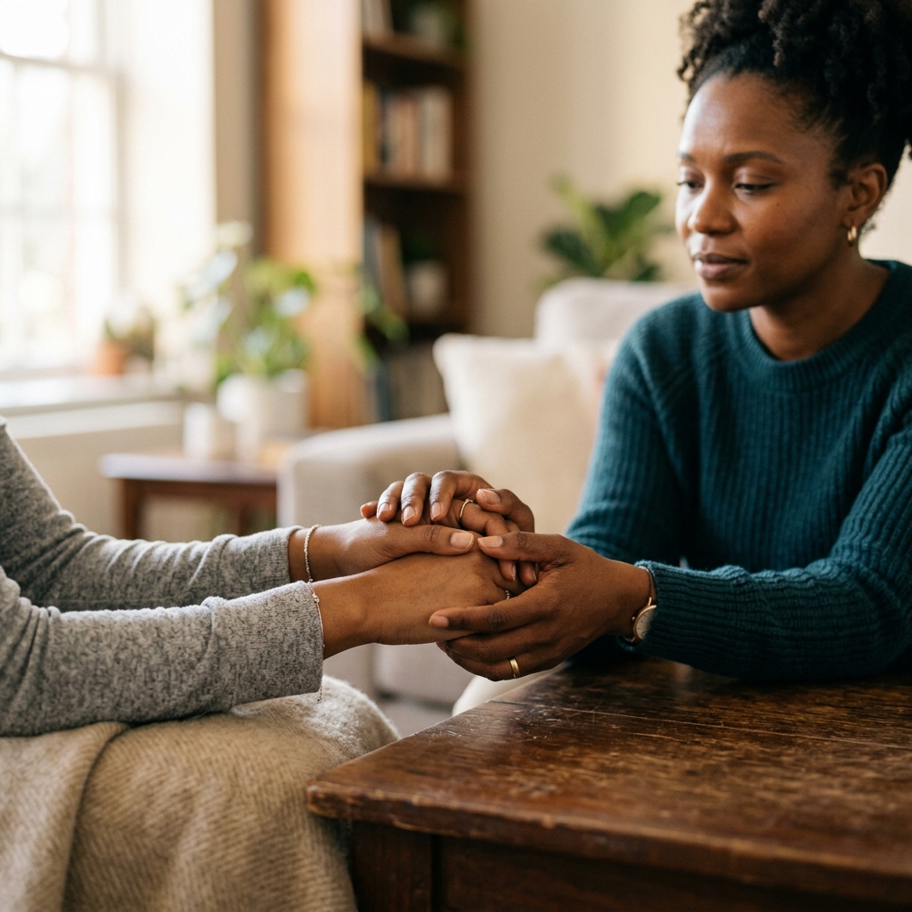 Close-up of a psychologist offering supportive touch.