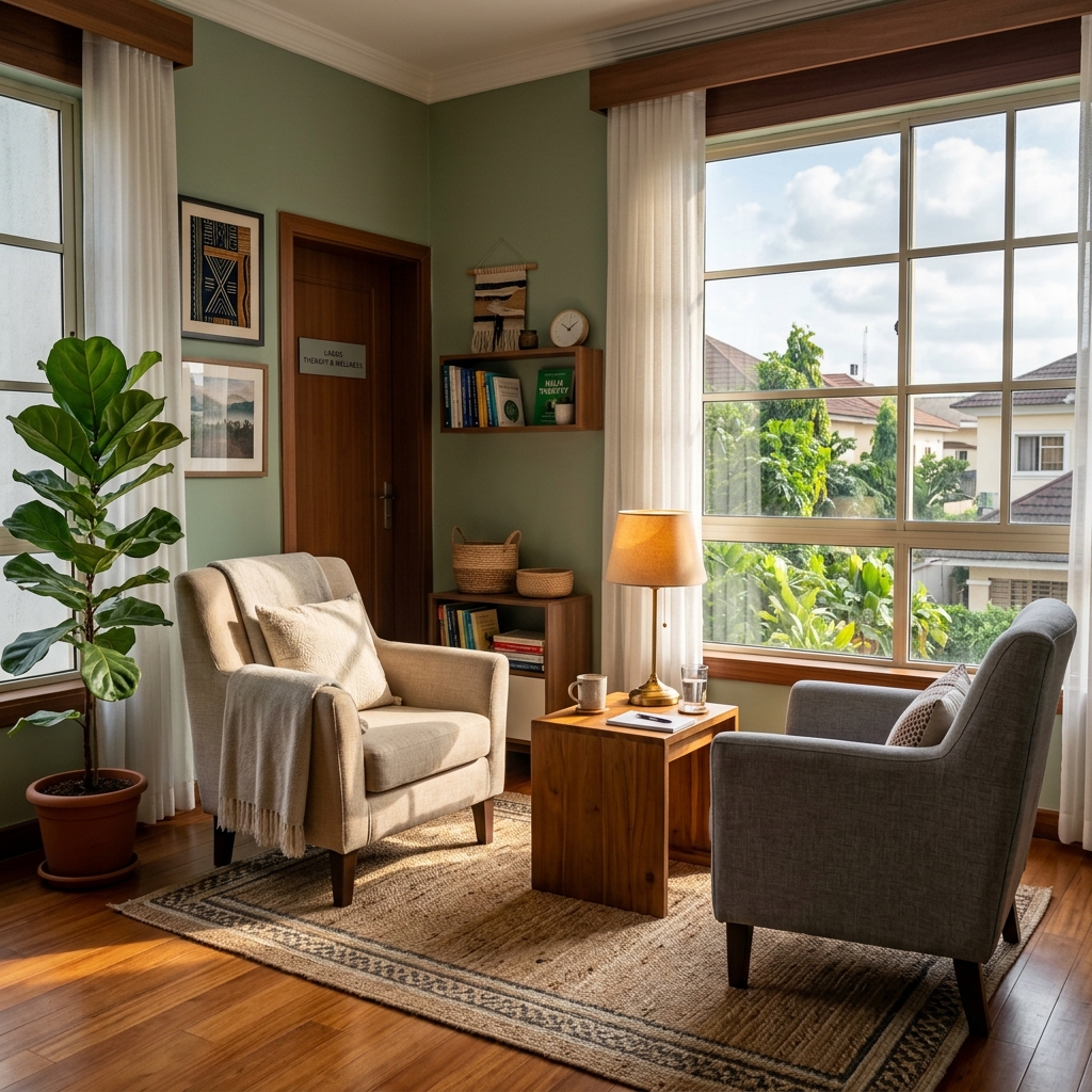 A serene, warm clinical therapy office at MindCraft.